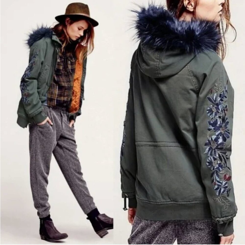 Free People Follow Me Close Parka Size L Olive Green Embroidered Women's Jacket